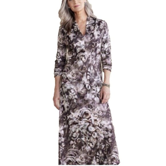 Soft Surroundings Naima Dress M Medium Long Sleeve Maxi Stretch Multi Floral NEW - Picture 5 of 16